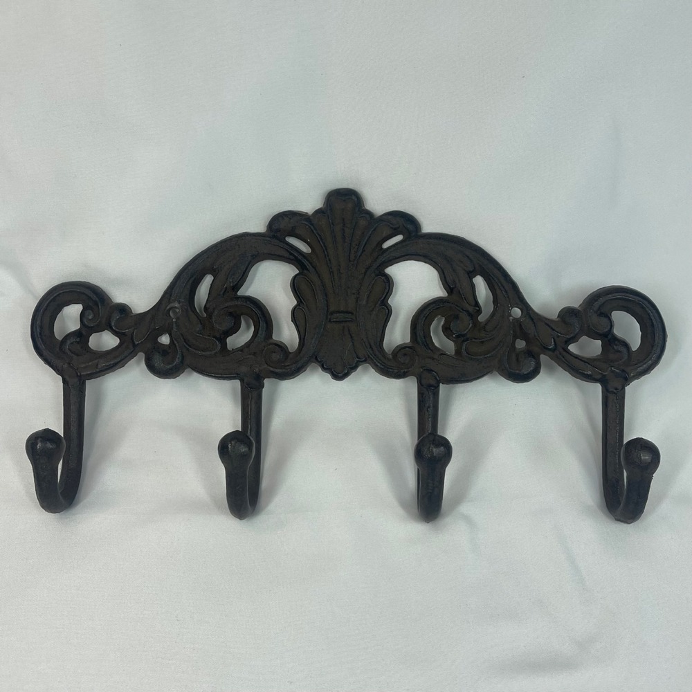 Vintage Brown Cast Metal Wall Hook Rack Coat Hat Keys 4 Hooks 12x6